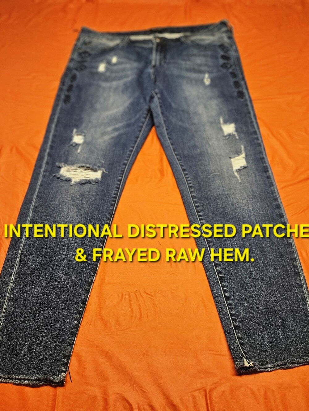 Dear John Intentional Distressed Skinny Jeans w/Raw Hem sz31×28 Navy Embroidery
